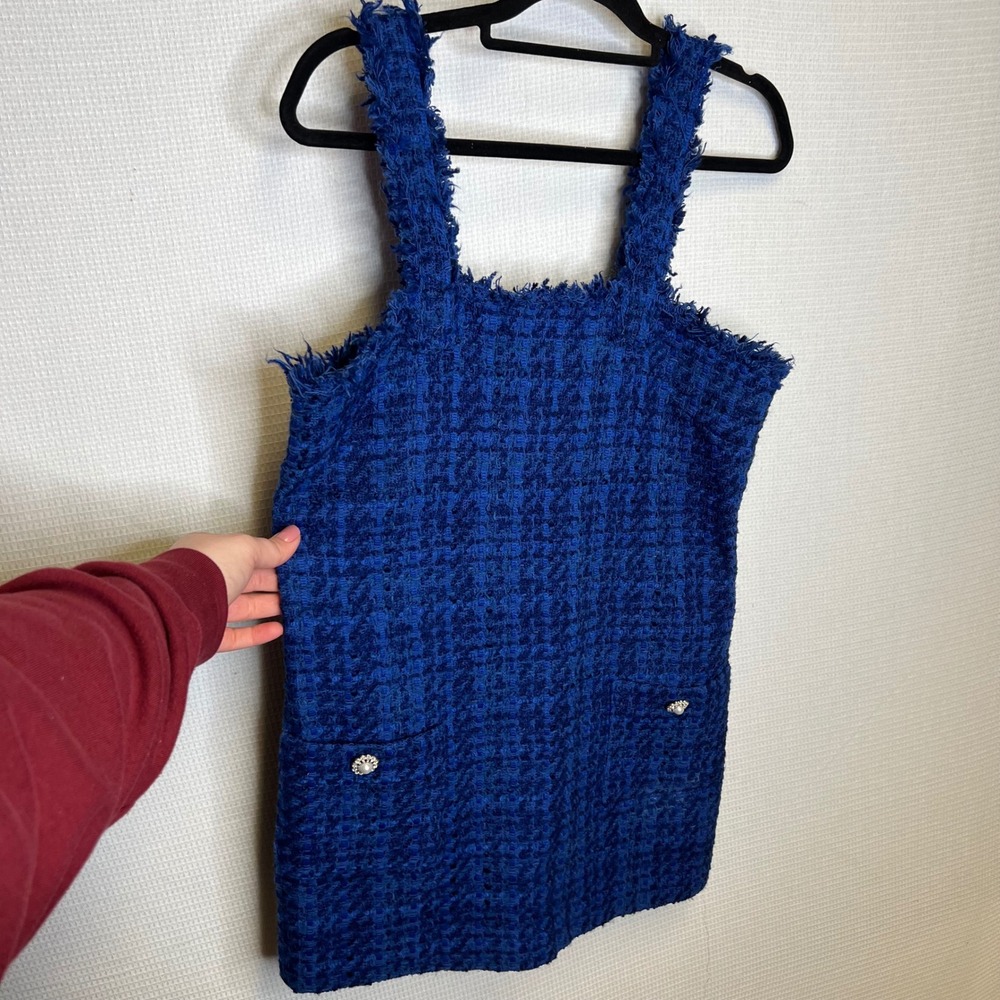 Zara Blue Tweed Mini Dress Pinafore Frayed Trim Pearl Button Large L 8920/221